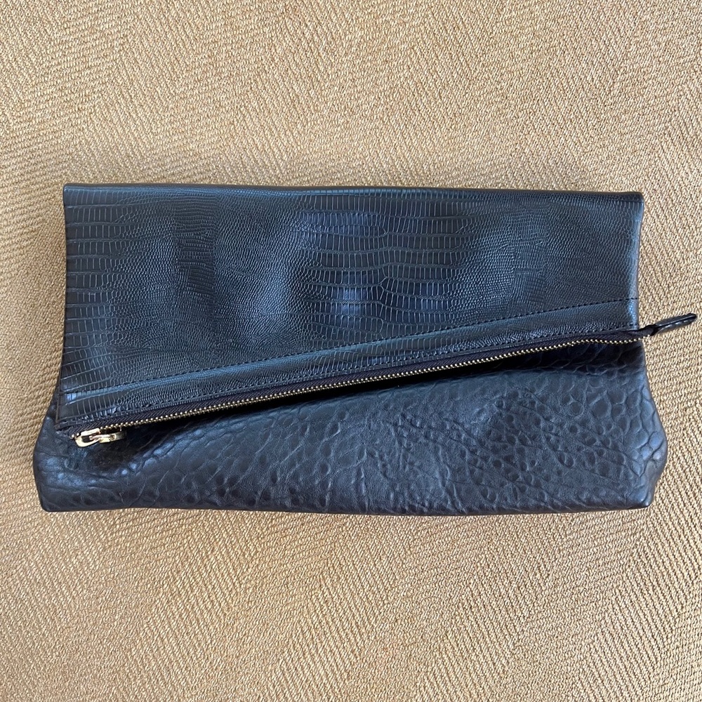 French Connection Black Clutch with Gold Zippers